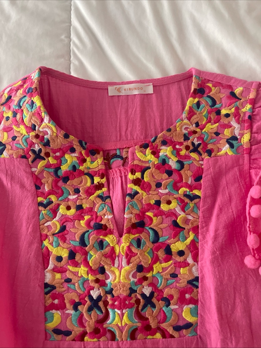 KIRUNDO Boho Pink Embroidered Floral Dress Size M Pom Poms